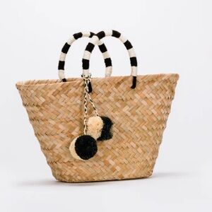 KAYU St. Tropez Pom Pom Straw Tote Natural/Black/White